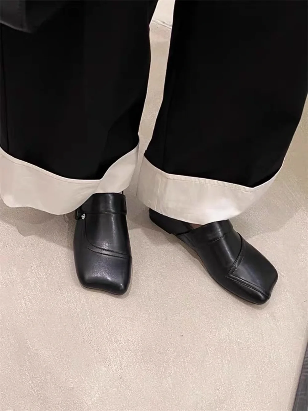 Black Square-Toe Slip-On Leather Loafers - Picture 8 of 8